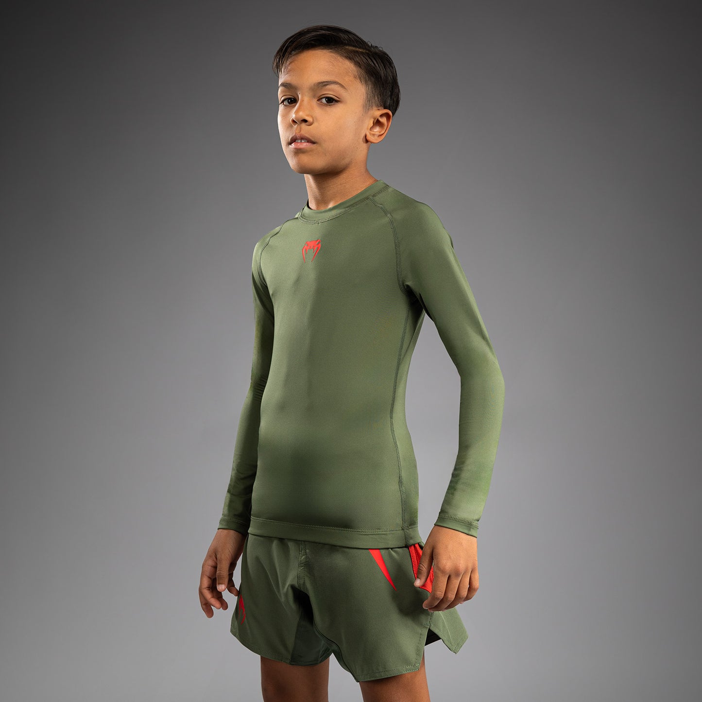 Venum Contender Kids Rashguards ロングスリーブ - アーミーグリーン/オレンジ