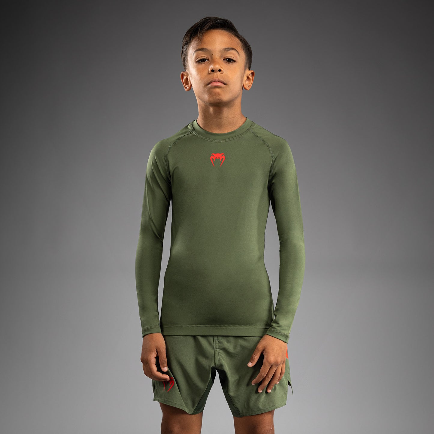 Venum Contender Kids Rashguards ロングスリーブ - アーミーグリーン/オレンジ