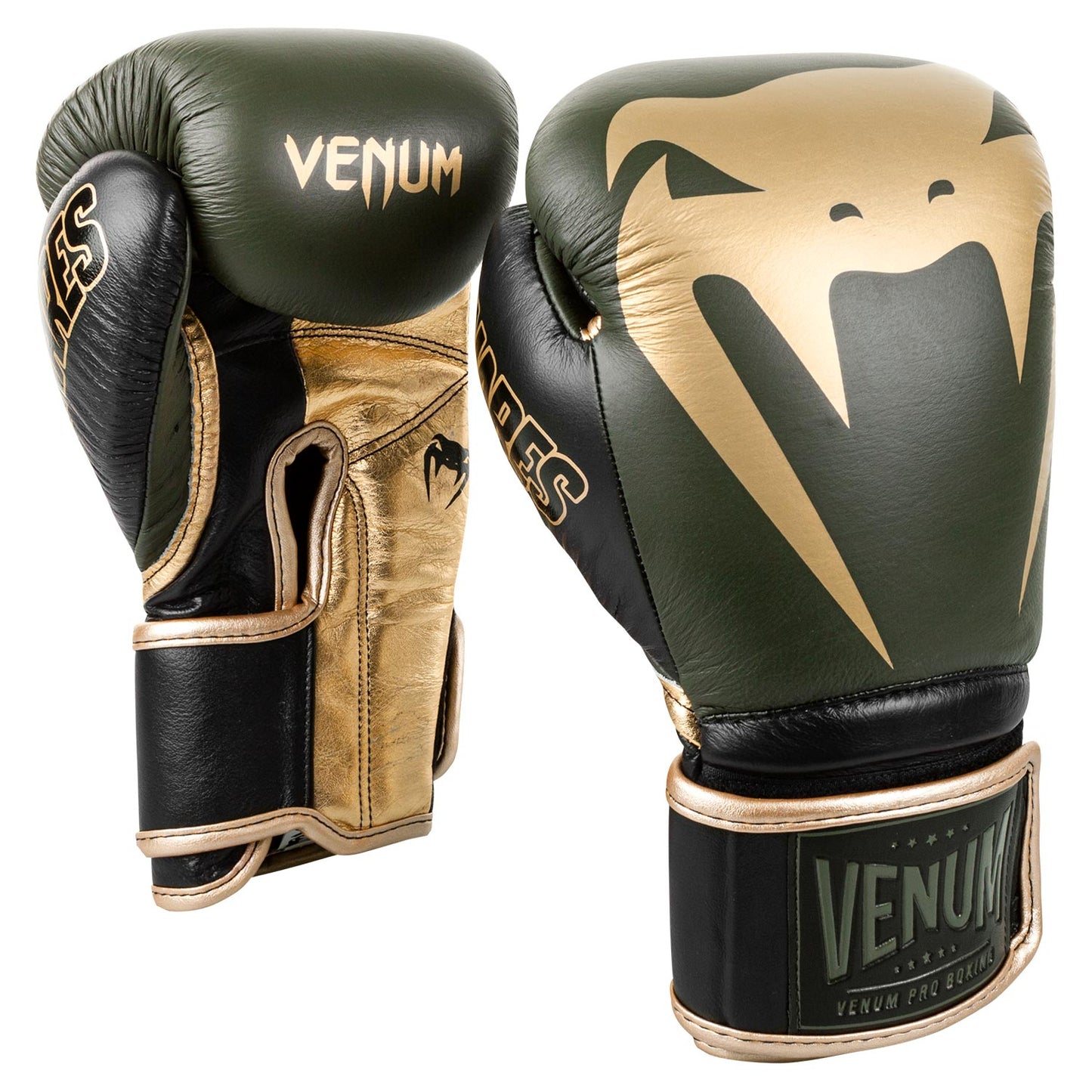 Venum Giant 2.0 Pro ボクシンググローブ、リナレス版、面ファスナータイプ：カーキ／ブラック／ゴールド